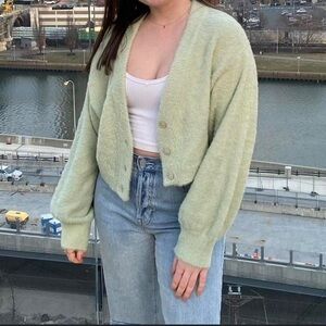 Kendall & Kylie Womens Sage Green Cropped Cardigan Sweater Medium